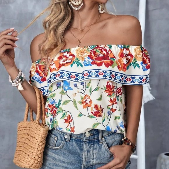 MODA ME COUTURE Tops - Boho Floral Off Shoulder Ruffle Trim Blouse Top Multi color